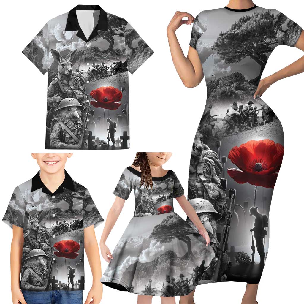 Black ANZAC Day The Battle of Lone Pine Family Matching Short Sleeve Bodycon Dress and Hawaiian Shirt Kiwi-Kangaroo Soldier Lest We Forget