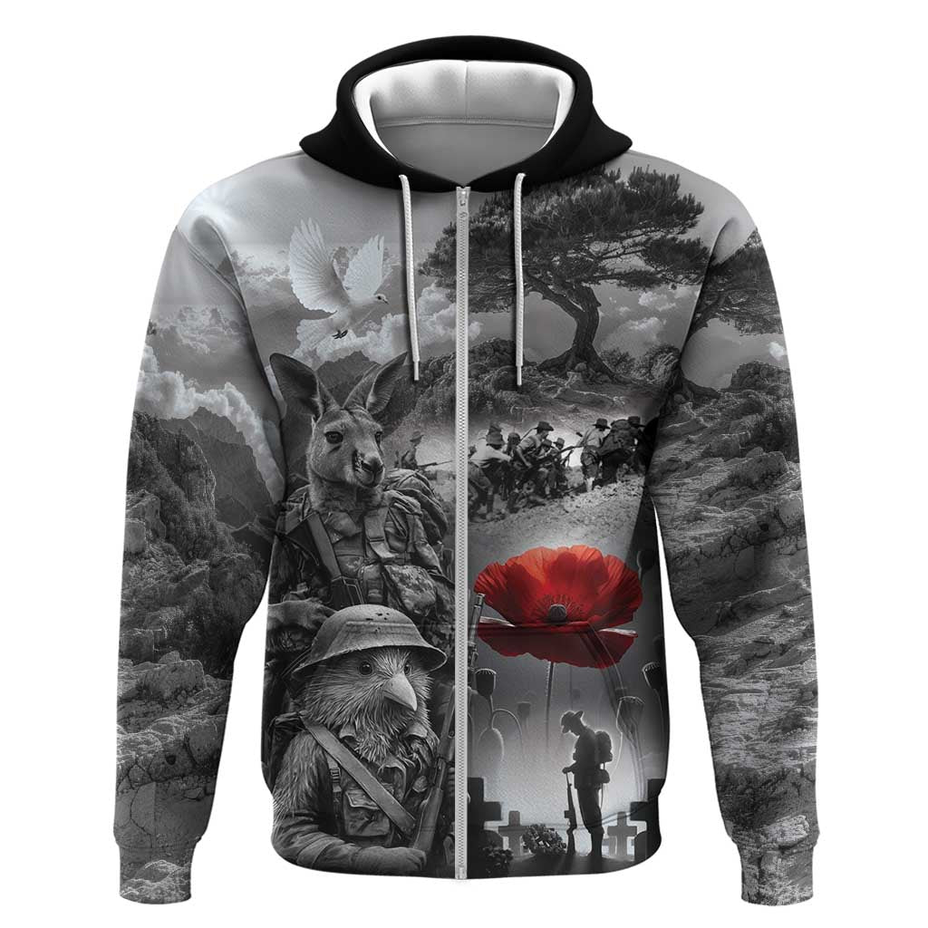Black ANZAC Day The Battle of Lone Pine Hoodie Kiwi-Kangaroo Soldier Lest We Forget