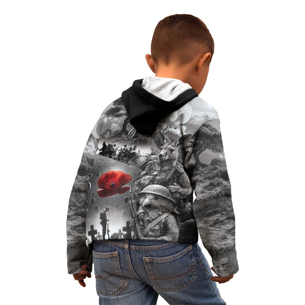 Black ANZAC Day The Battle of Lone Pine Kid Hoodie Kiwi-Kangaroo Soldier Lest We Forget