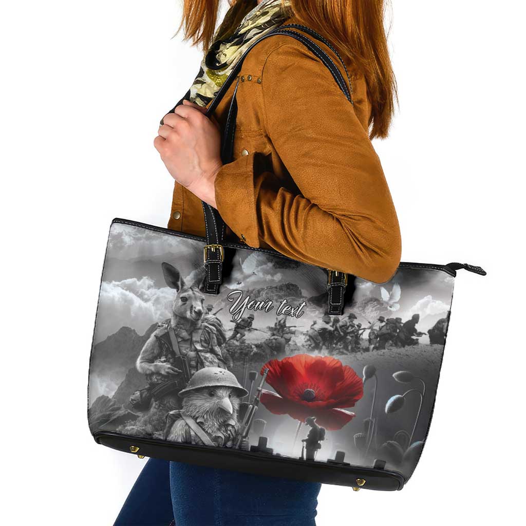 Black ANZAC Day The Battle of Lone Pine Leather Tote Bag Kiwi-Kangaroo Soldier Lest We Forget