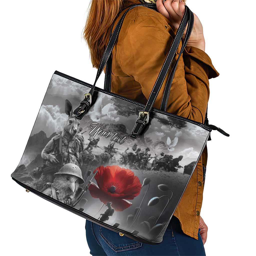 Black ANZAC Day The Battle of Lone Pine Leather Tote Bag Kiwi-Kangaroo Soldier Lest We Forget