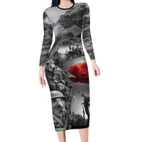 Black ANZAC Day The Battle of Lone Pine Long Sleeve Bodycon Dress Kiwi-Kangaroo Soldier Lest We Forget