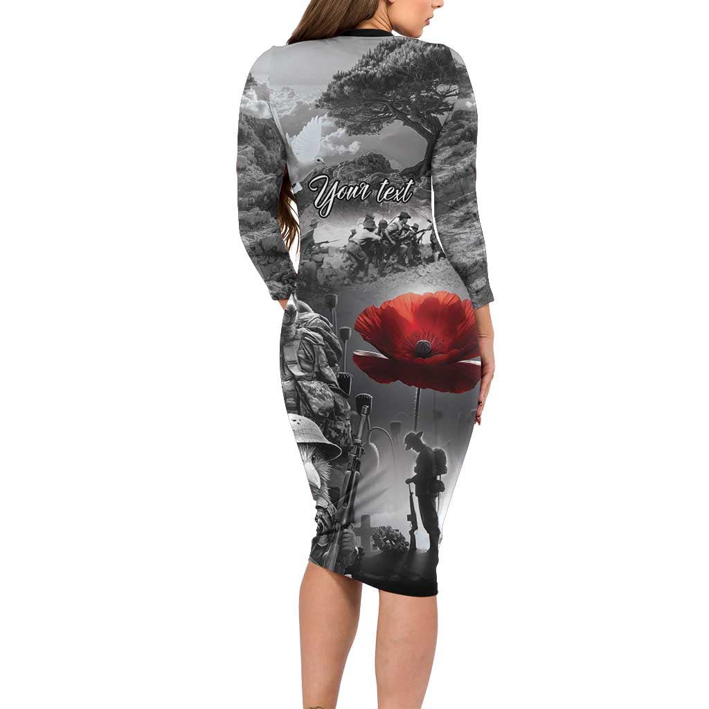 Black ANZAC Day The Battle of Lone Pine Long Sleeve Bodycon Dress Kiwi-Kangaroo Soldier Lest We Forget