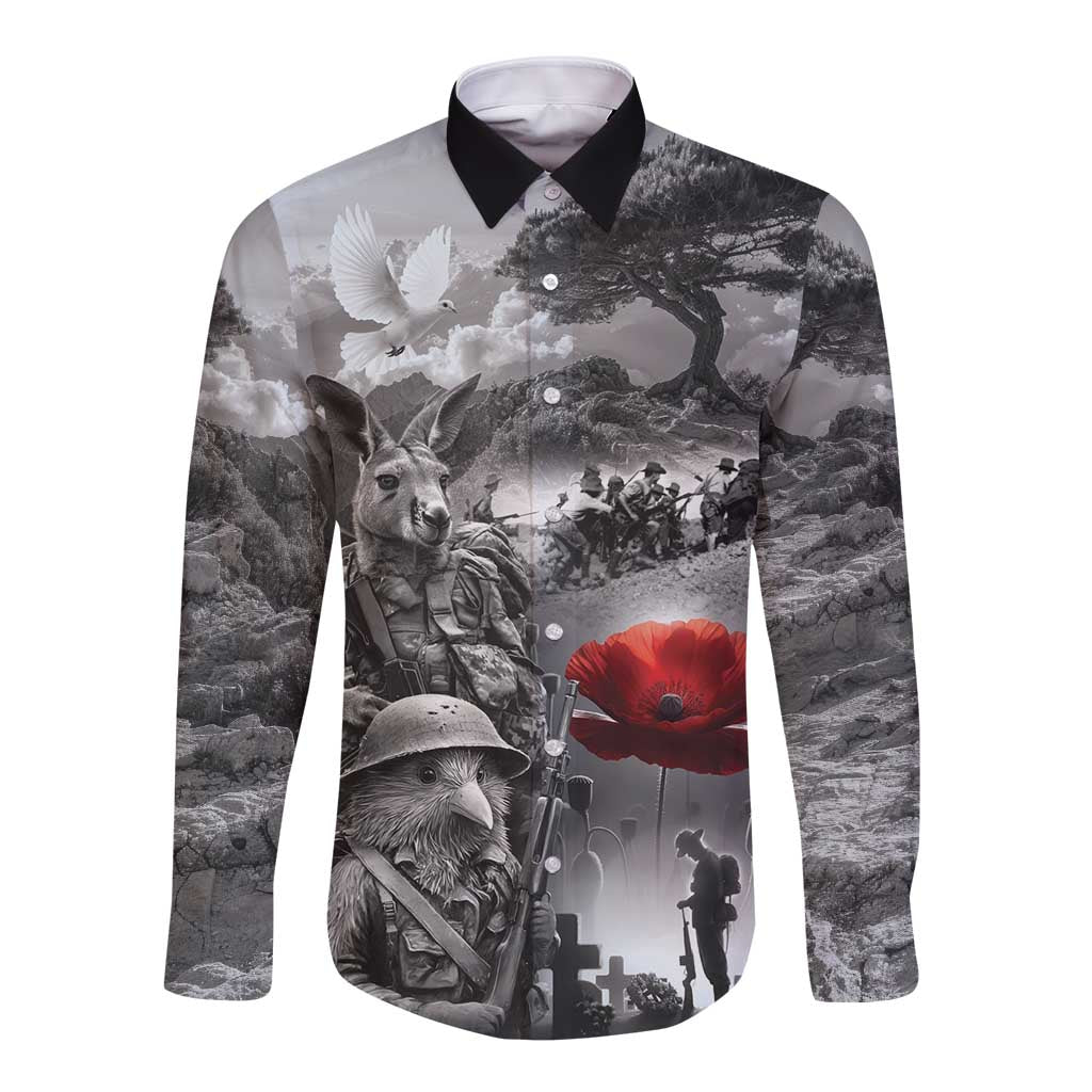 Black ANZAC Day The Battle of Lone Pine Long Sleeve Button Shirt Kiwi-Kangaroo Soldier Lest We Forget
