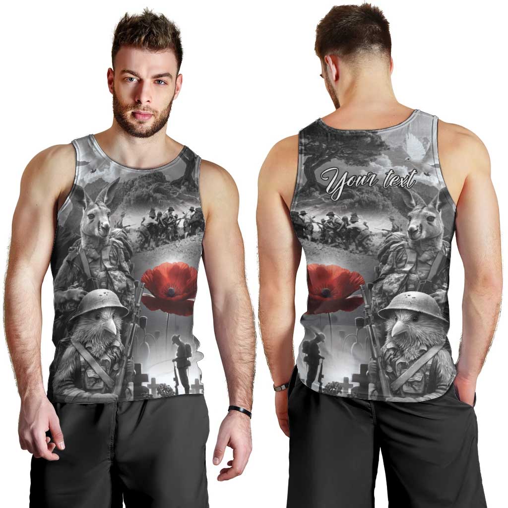 Black ANZAC Day The Battle of Lone Pine Men Tank Top Kiwi-Kangaroo Soldier Lest We Forget