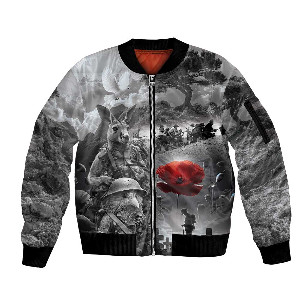 Black ANZAC Day The Battle of Lone Pine Sleeve Zip Bomber Jacket Kiwi-Kangaroo Soldier Lest We Forget