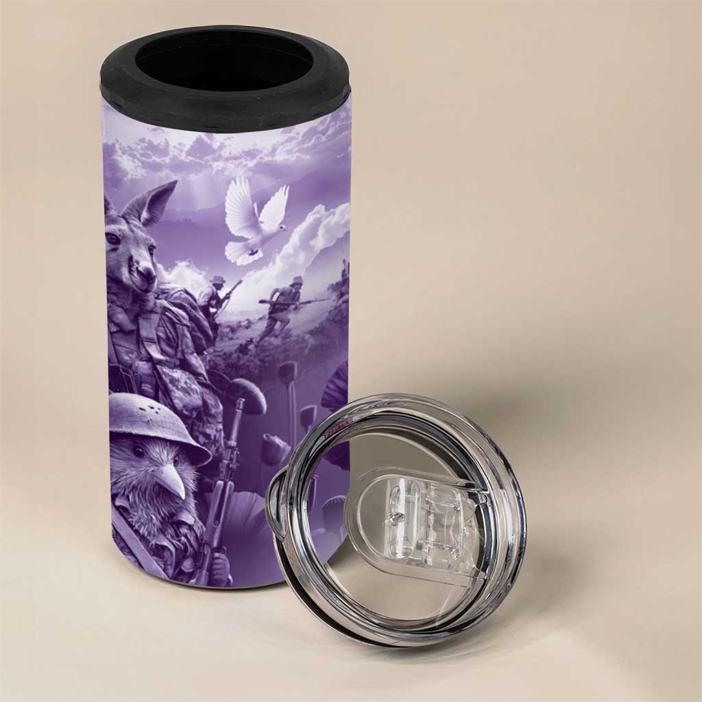 Purple ANZAC Day The Battle of Lone Pine 4 in 1 Can Cooler Tumbler Kiwi-Kangaroo Soldier Lest We Forget