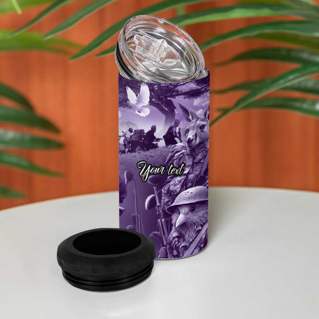 Purple ANZAC Day The Battle of Lone Pine 4 in 1 Can Cooler Tumbler Kiwi-Kangaroo Soldier Lest We Forget