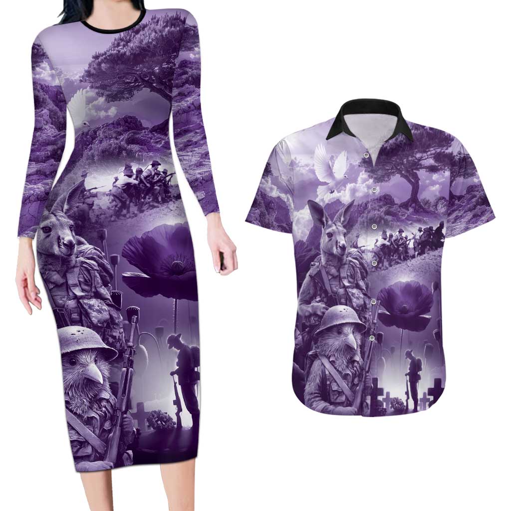Purple ANZAC Day The Battle of Lone Pine Couples Matching Long Sleeve Bodycon Dress and Hawaiian Shirt Kiwi-Kangaroo Soldier Lest We Forget