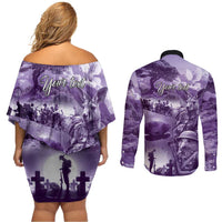 Purple ANZAC Day The Battle of Lone Pine Couples Matching Off Shoulder Short Dress and Long Sleeve Button Shirt Kiwi-Kangaroo Soldier Lest We Forget