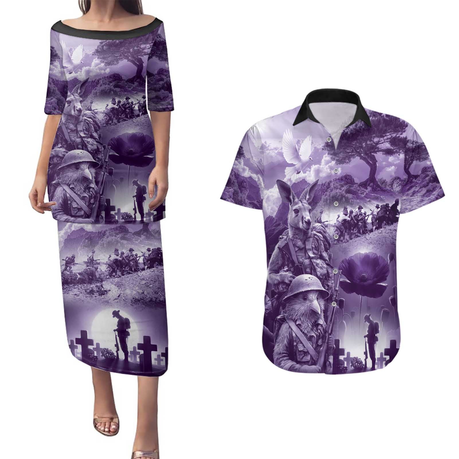 Purple ANZAC Day The Battle of Lone Pine Couples Matching Puletasi and Hawaiian Shirt Kiwi-Kangaroo Soldier Lest We Forget