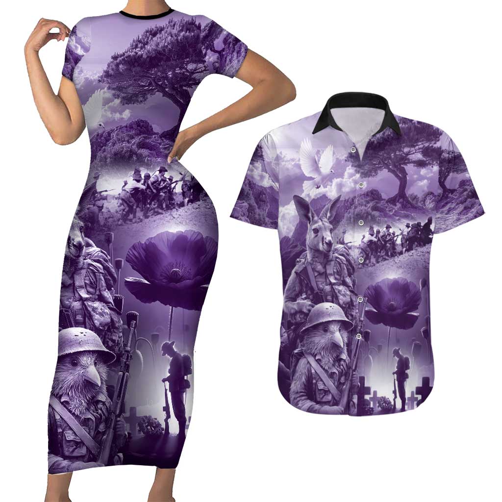 Purple ANZAC Day The Battle of Lone Pine Couples Matching Short Sleeve Bodycon Dress and Hawaiian Shirt Kiwi-Kangaroo Soldier Lest We Forget