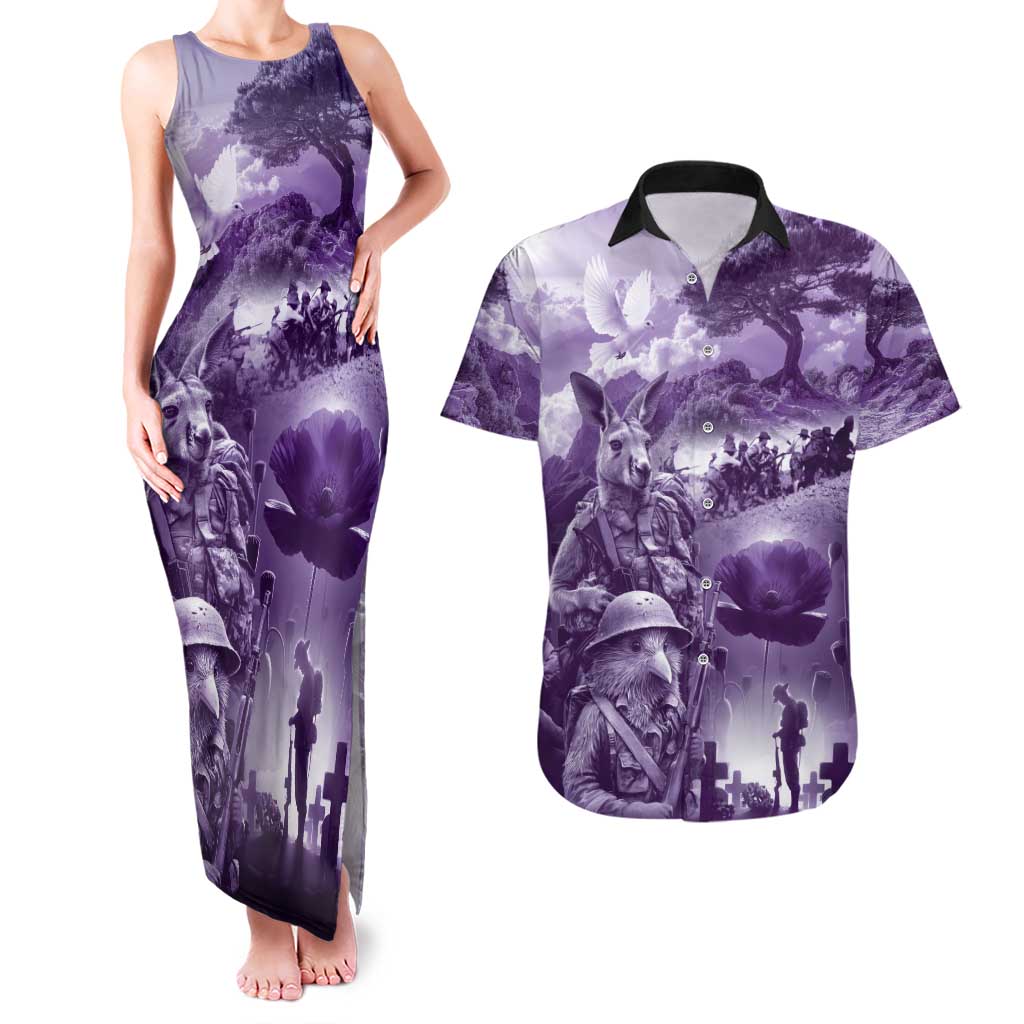 Purple ANZAC Day The Battle of Lone Pine Couples Matching Tank Maxi Dress and Hawaiian Shirt Kiwi-Kangaroo Soldier Lest We Forget