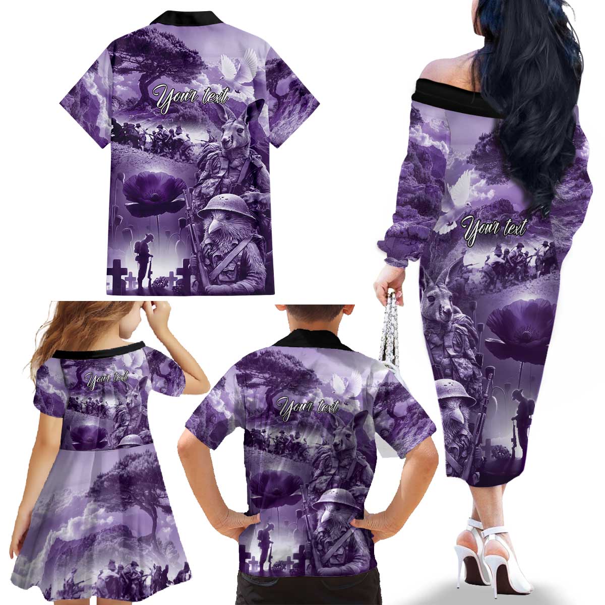 Purple ANZAC Day The Battle of Lone Pine Family Matching Off The Shoulder Long Sleeve Dress and Hawaiian Shirt Kiwi-Kangaroo Soldier Lest We Forget