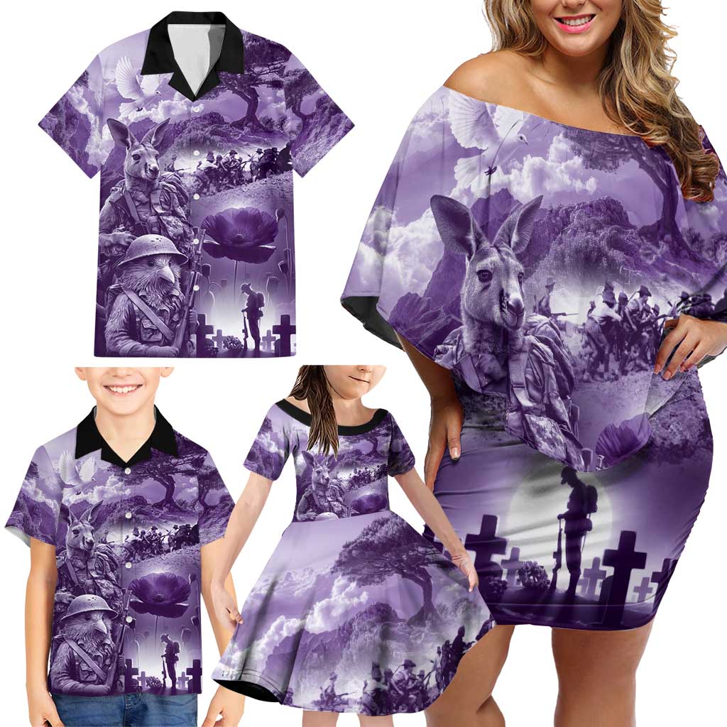 Purple ANZAC Day The Battle of Lone Pine Family Matching Off Shoulder Short Dress and Hawaiian Shirt Kiwi-Kangaroo Soldier Lest We Forget