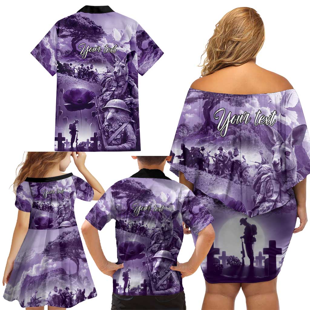 Purple ANZAC Day The Battle of Lone Pine Family Matching Off Shoulder Short Dress and Hawaiian Shirt Kiwi-Kangaroo Soldier Lest We Forget
