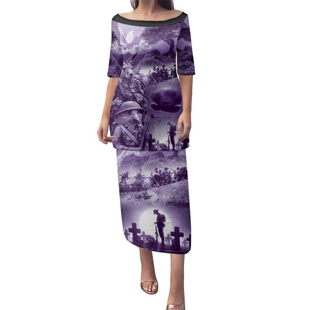 Purple ANZAC Day The Battle of Lone Pine Family Matching Puletasi and Hawaiian Shirt Kiwi-Kangaroo Soldier Lest We Forget