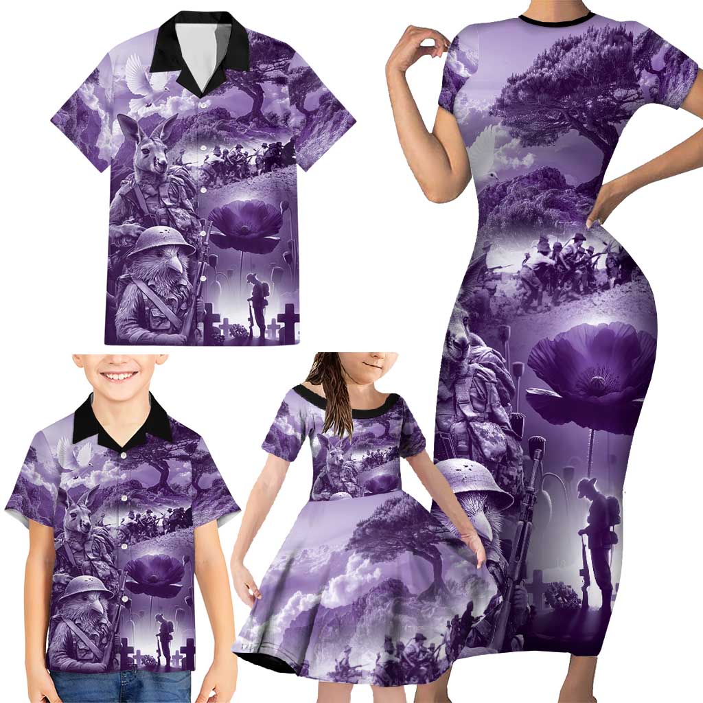 Purple ANZAC Day The Battle of Lone Pine Family Matching Short Sleeve Bodycon Dress and Hawaiian Shirt Kiwi-Kangaroo Soldier Lest We Forget