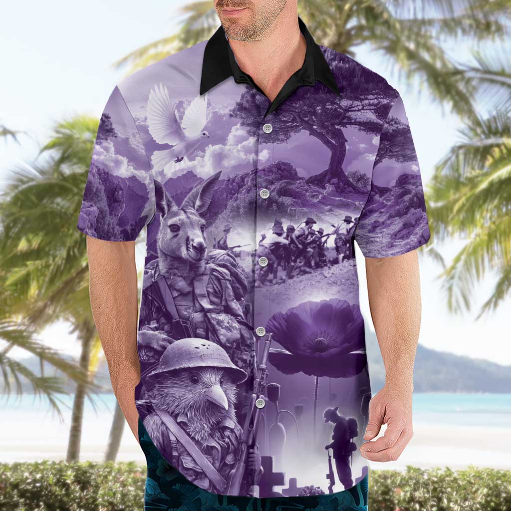 Purple ANZAC Day The Battle of Lone Pine Hawaiian Shirt Kiwi-Kangaroo Soldier Lest We Forget