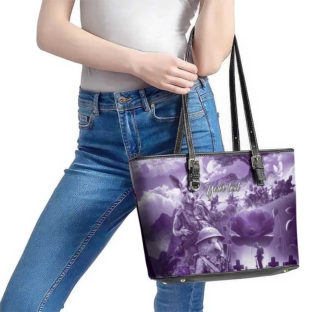 Purple ANZAC Day The Battle of Lone Pine Leather Tote Bag Kiwi-Kangaroo Soldier Lest We Forget