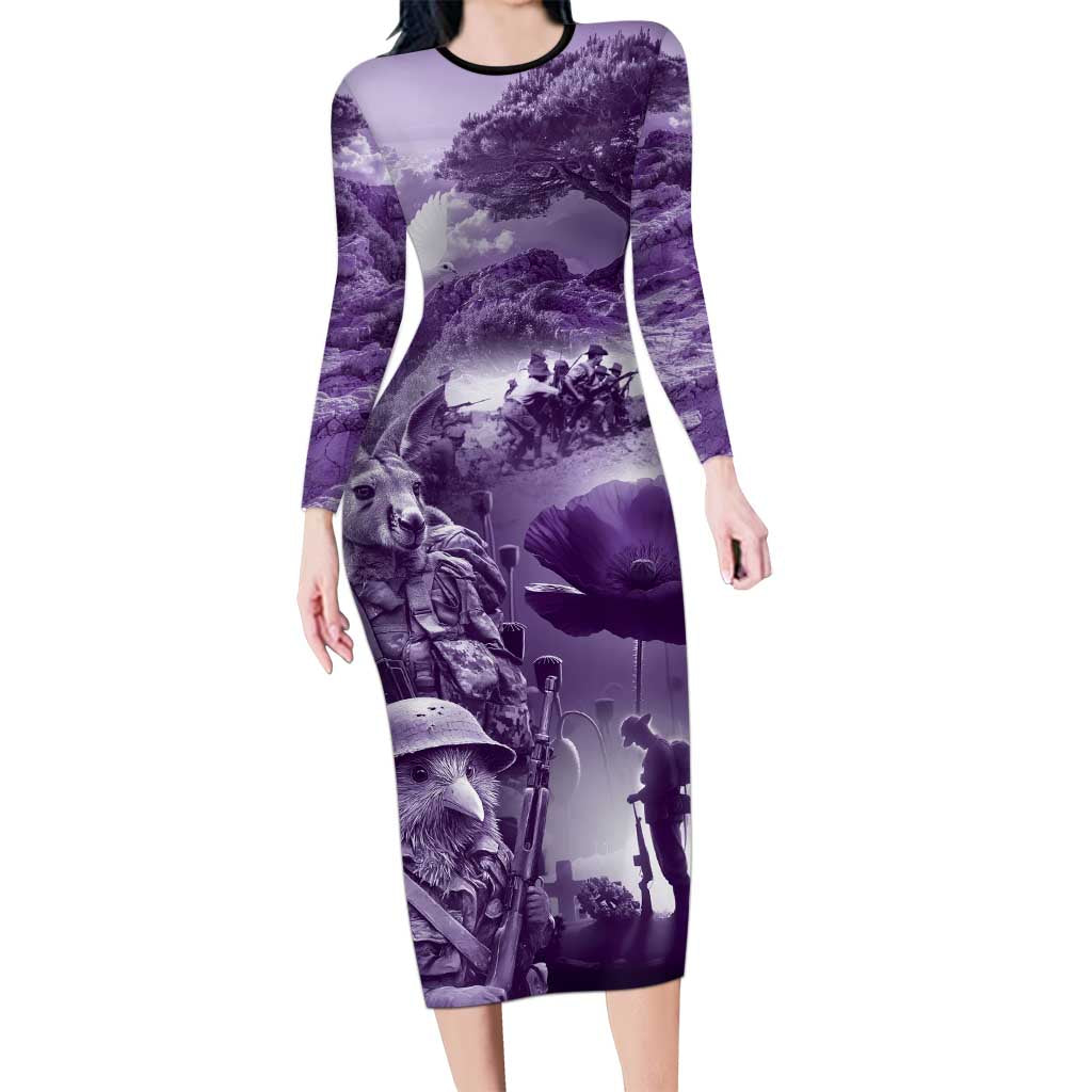 Purple ANZAC Day The Battle of Lone Pine Long Sleeve Bodycon Dress Kiwi-Kangaroo Soldier Lest We Forget