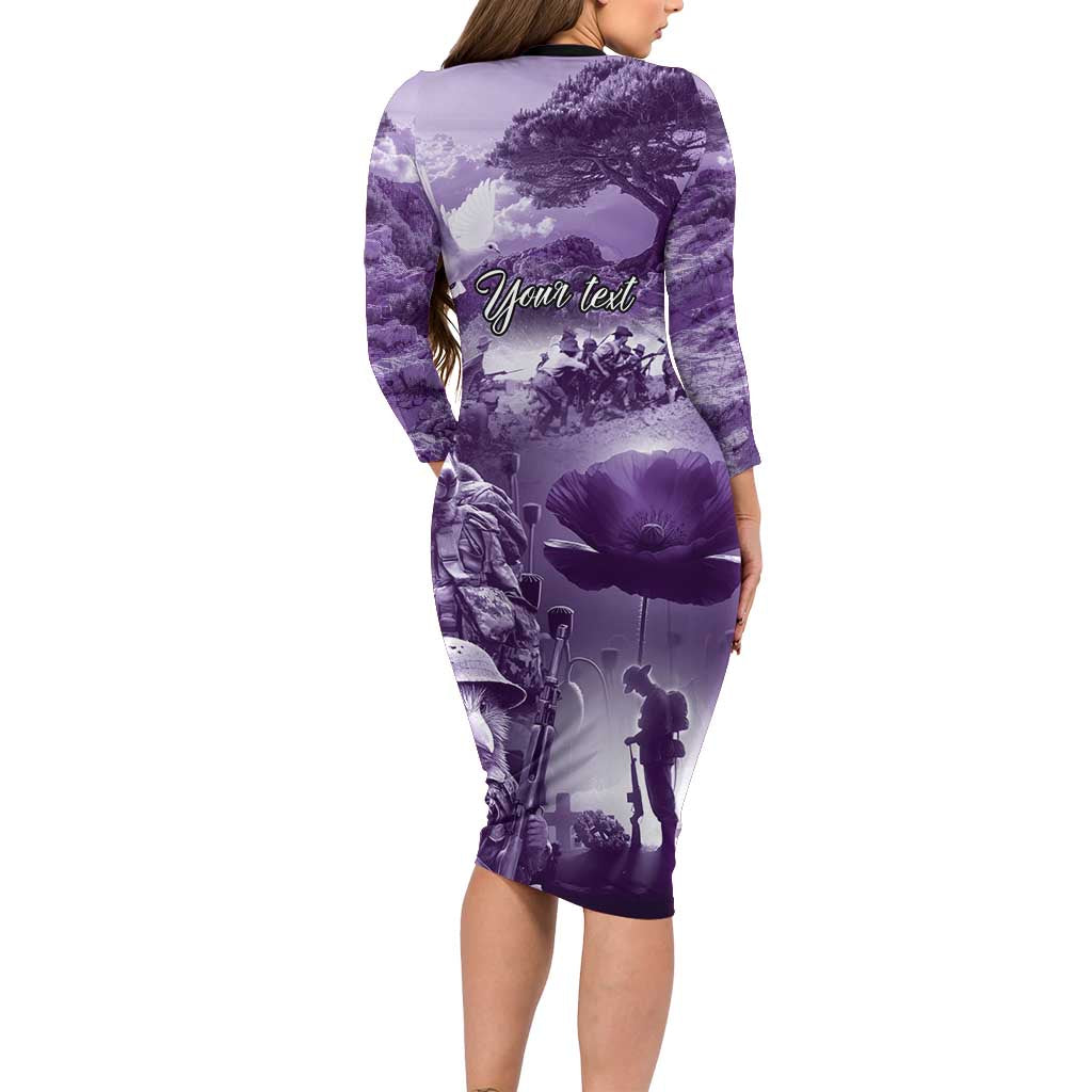 Purple ANZAC Day The Battle of Lone Pine Long Sleeve Bodycon Dress Kiwi-Kangaroo Soldier Lest We Forget