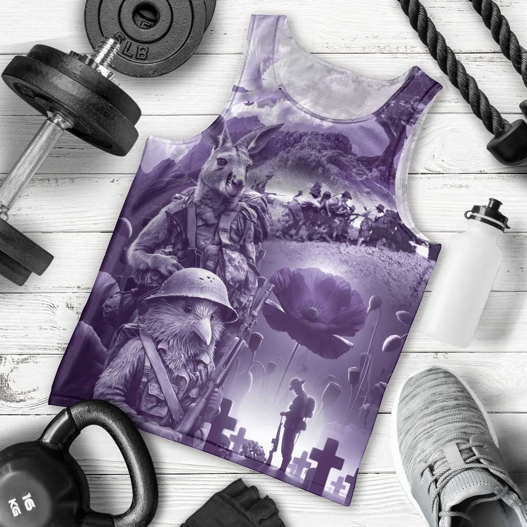 Purple ANZAC Day The Battle of Lone Pine Men Tank Top Kiwi-Kangaroo Soldier Lest We Forget