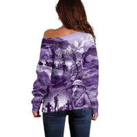 Purple ANZAC Day The Battle of Lone Pine Off Shoulder Sweater Kiwi-Kangaroo Soldier Lest We Forget