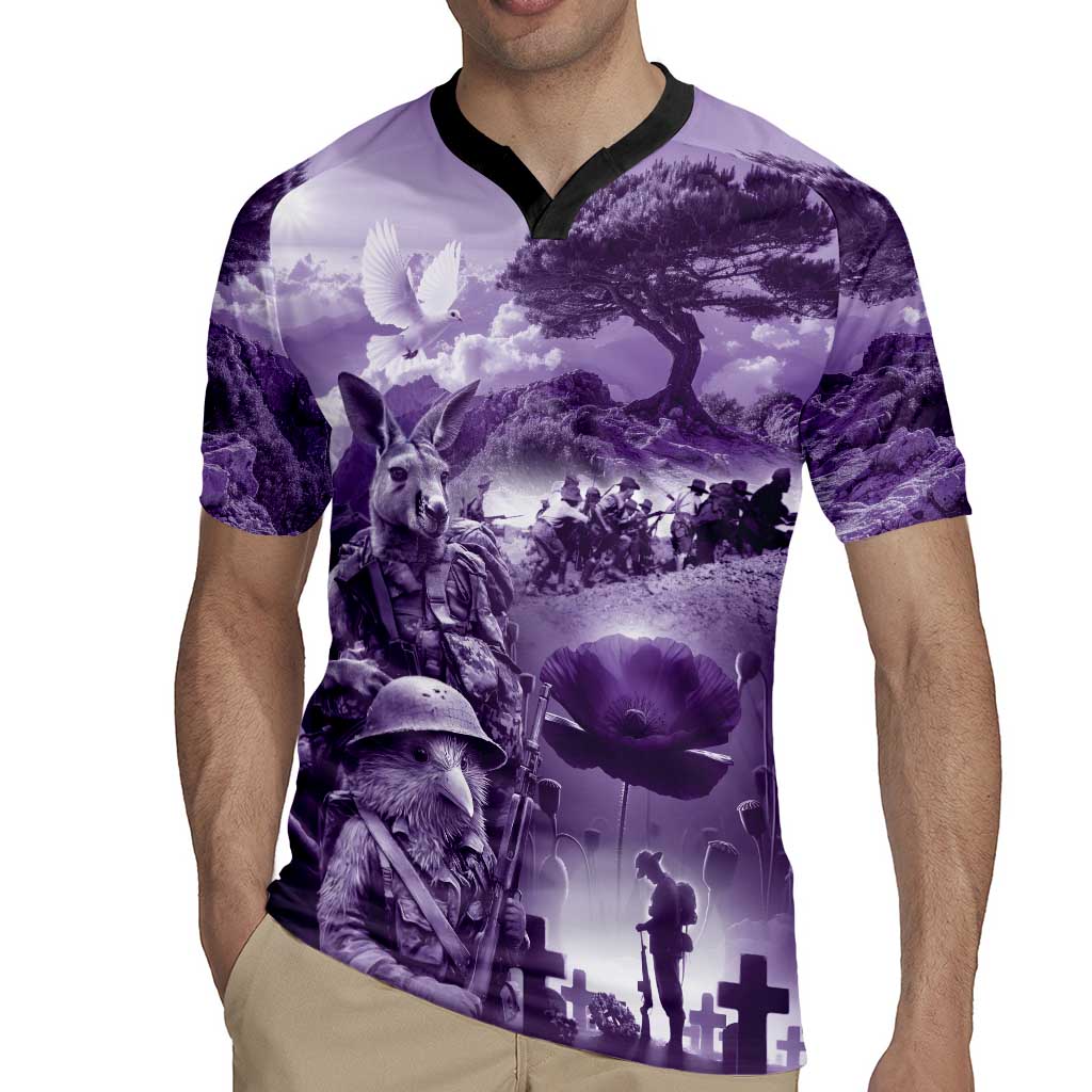 Purple ANZAC Day The Battle of Lone Pine Rugby Jersey Kiwi-Kangaroo Soldier Lest We Forget