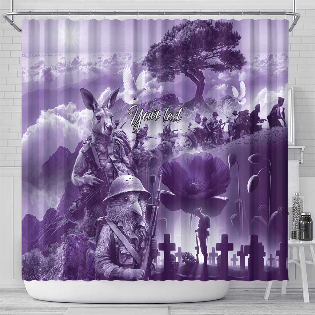 Purple ANZAC Day The Battle of Lone Pine Shower Curtain Kiwi-Kangaroo Soldier Lest We Forget