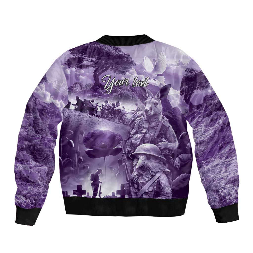 Purple ANZAC Day The Battle of Lone Pine Sleeve Zip Bomber Jacket Kiwi-Kangaroo Soldier Lest We Forget