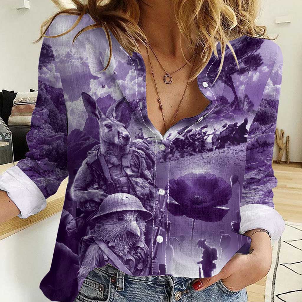 Purple ANZAC Day The Battle of Lone Pine Women Casual Shirt Kiwi-Kangaroo Soldier Lest We Forget