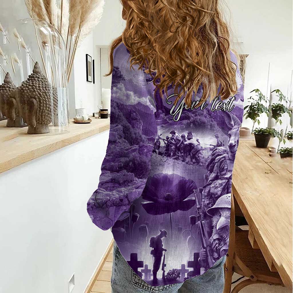 Purple ANZAC Day The Battle of Lone Pine Women Casual Shirt Kiwi-Kangaroo Soldier Lest We Forget