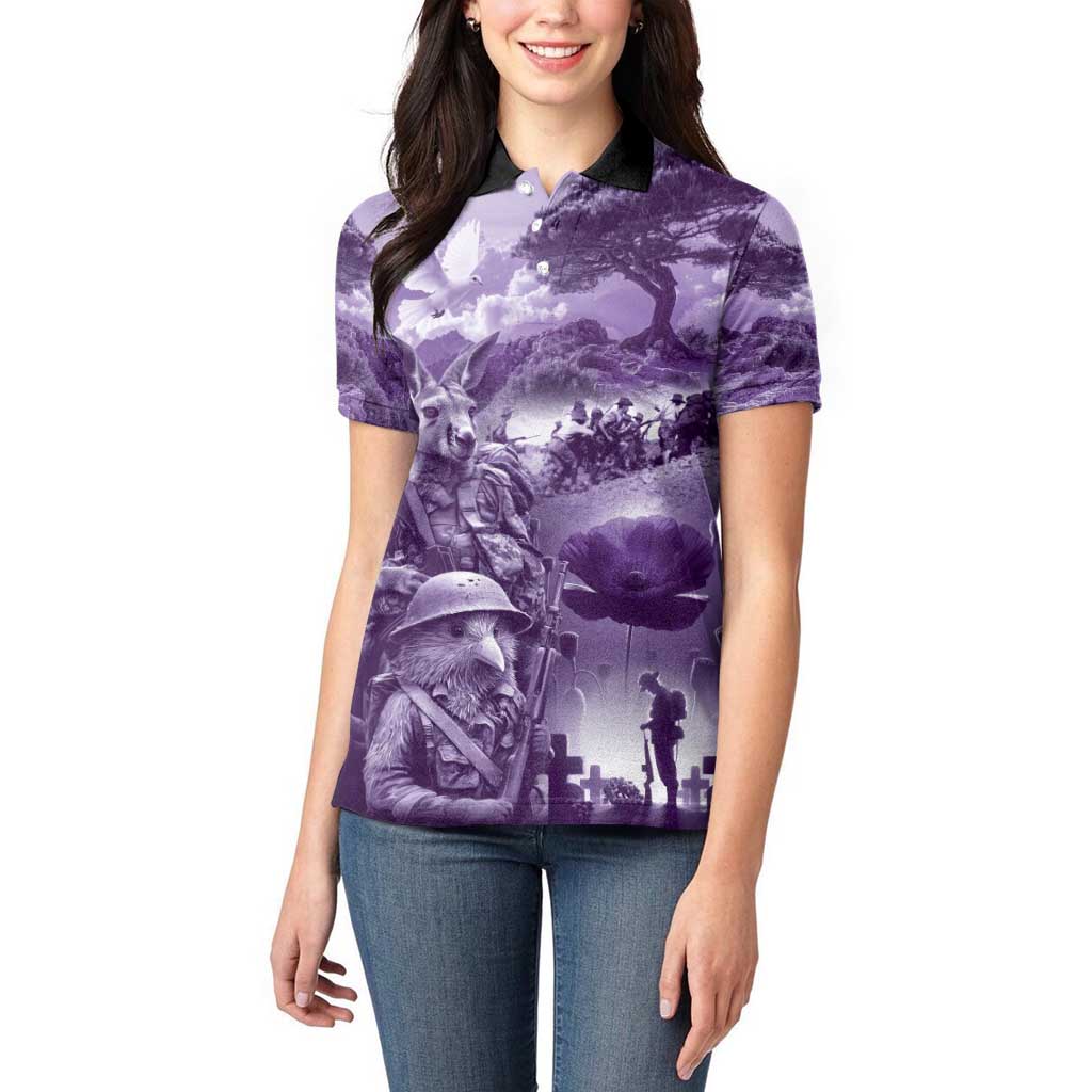 Purple ANZAC Day The Battle of Lone Pine Women Polo Shirt Kiwi-Kangaroo Soldier Lest We Forget