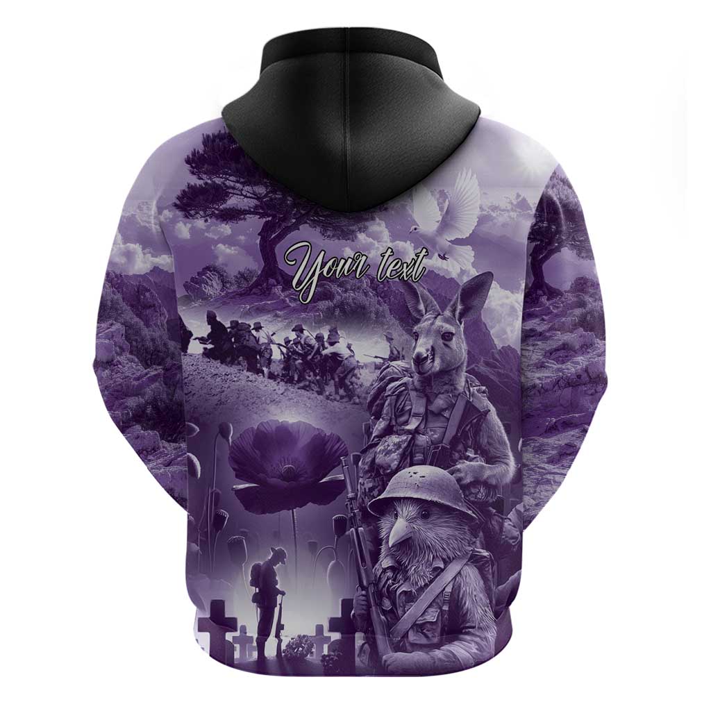 Purple ANZAC Day The Battle of Lone Pine Zip Hoodie Kiwi-Kangaroo Soldier Lest We Forget