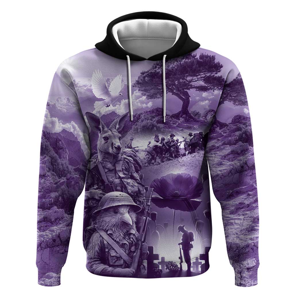 Purple ANZAC Day The Battle of Lone Pine Zip Hoodie Kiwi-Kangaroo Soldier Lest We Forget