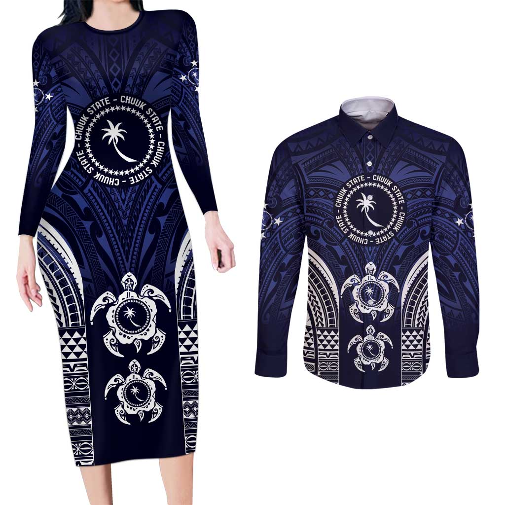 FSM Chuuk States Couples Matching Long Sleeve Bodycon Dress and Long Sleeve Button Shirt Micronesia Six 9 One Polynesian Tribal Pattern