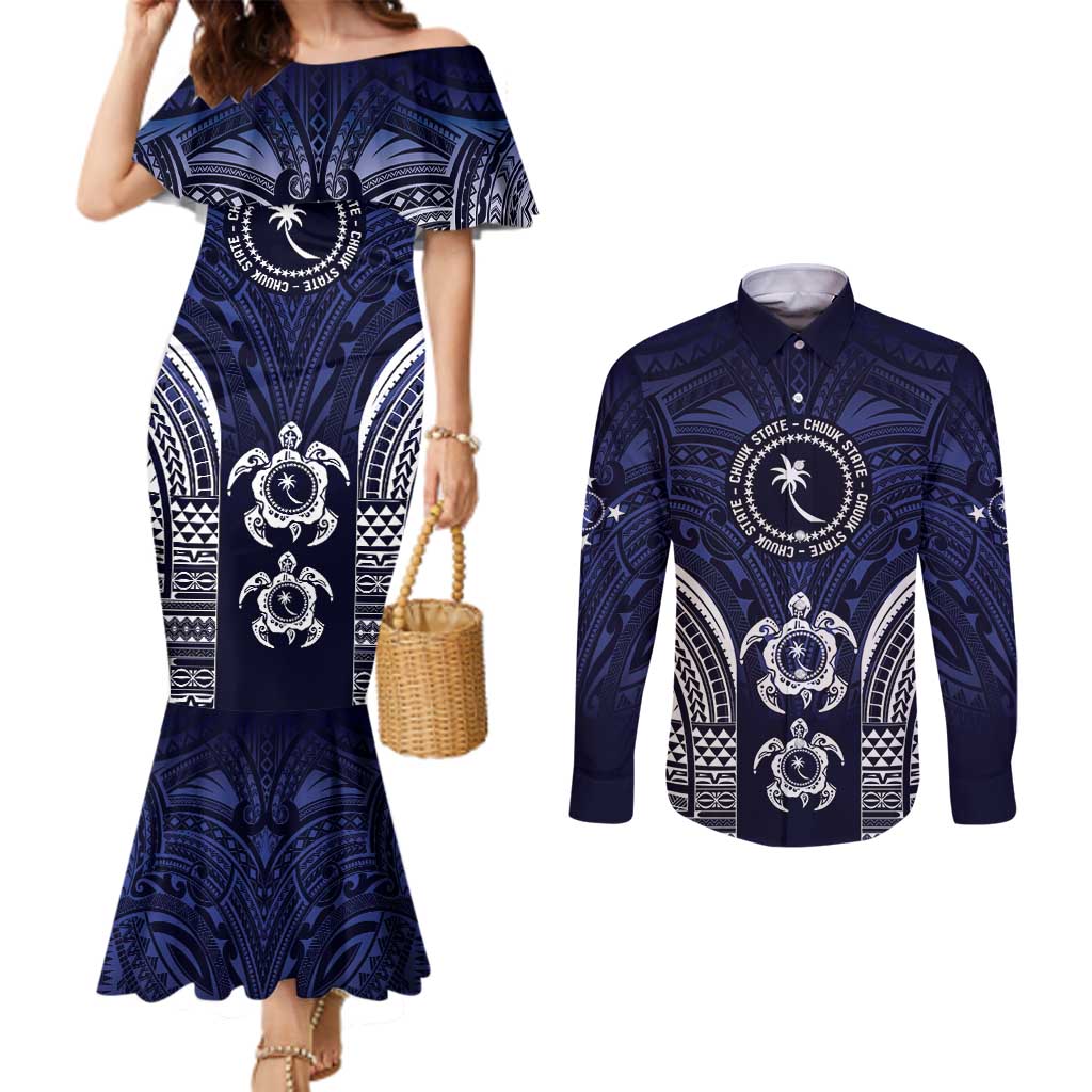 FSM Chuuk States Couples Matching Mermaid Dress and Long Sleeve Button Shirt Micronesia Six 9 One Polynesian Tribal Pattern