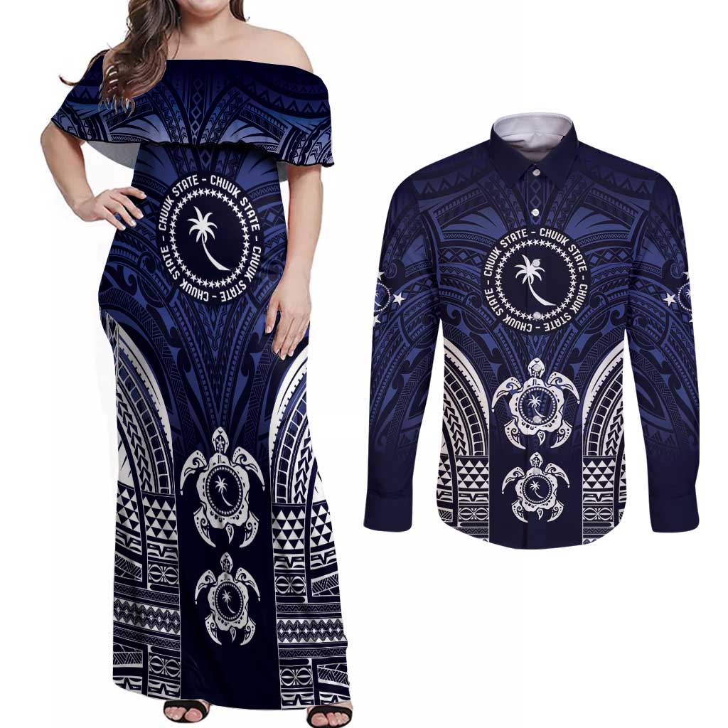 FSM Chuuk States Couples Matching Off Shoulder Maxi Dress and Long Sleeve Button Shirt Micronesia Six 9 One Polynesian Tribal Pattern