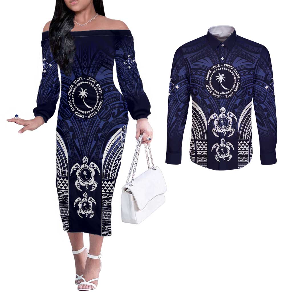 FSM Chuuk States Couples Matching Off The Shoulder Long Sleeve Dress and Long Sleeve Button Shirt Micronesia Six 9 One Polynesian Tribal Pattern