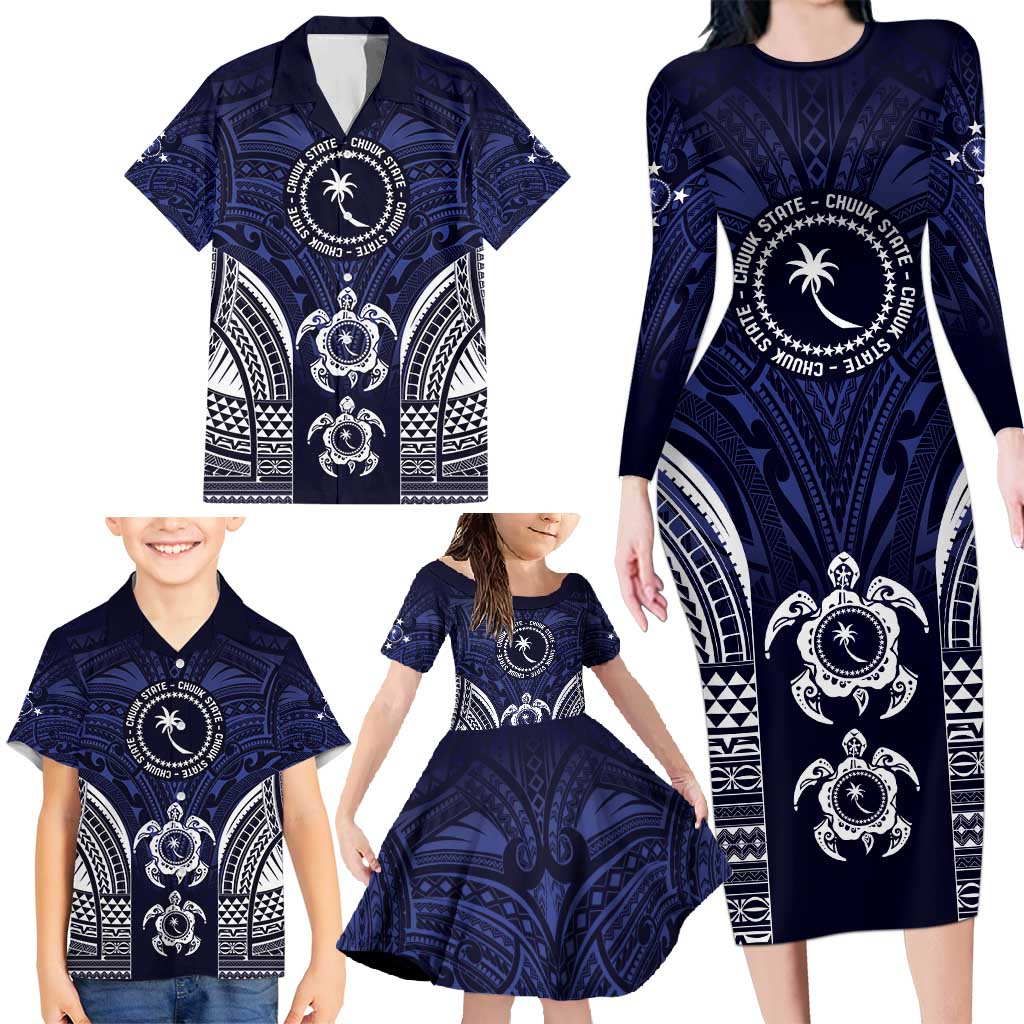 FSM Chuuk States Family Matching Long Sleeve Bodycon Dress and Hawaiian Shirt Micronesia Six 9 One Polynesian Tribal Pattern