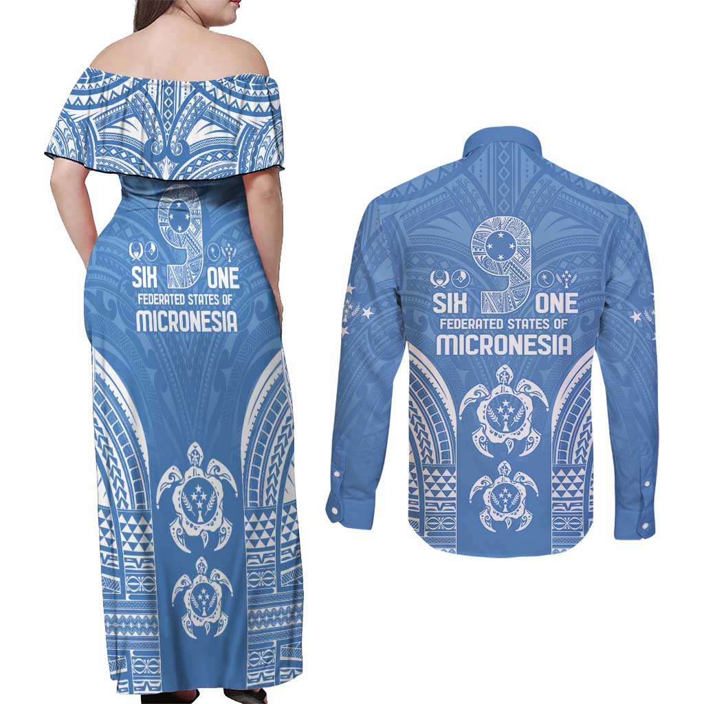 FSM Kosrae States Couples Matching Off Shoulder Maxi Dress and Long Sleeve Button Shirt Micronesia Six 9 One Polynesian Tribal Pattern