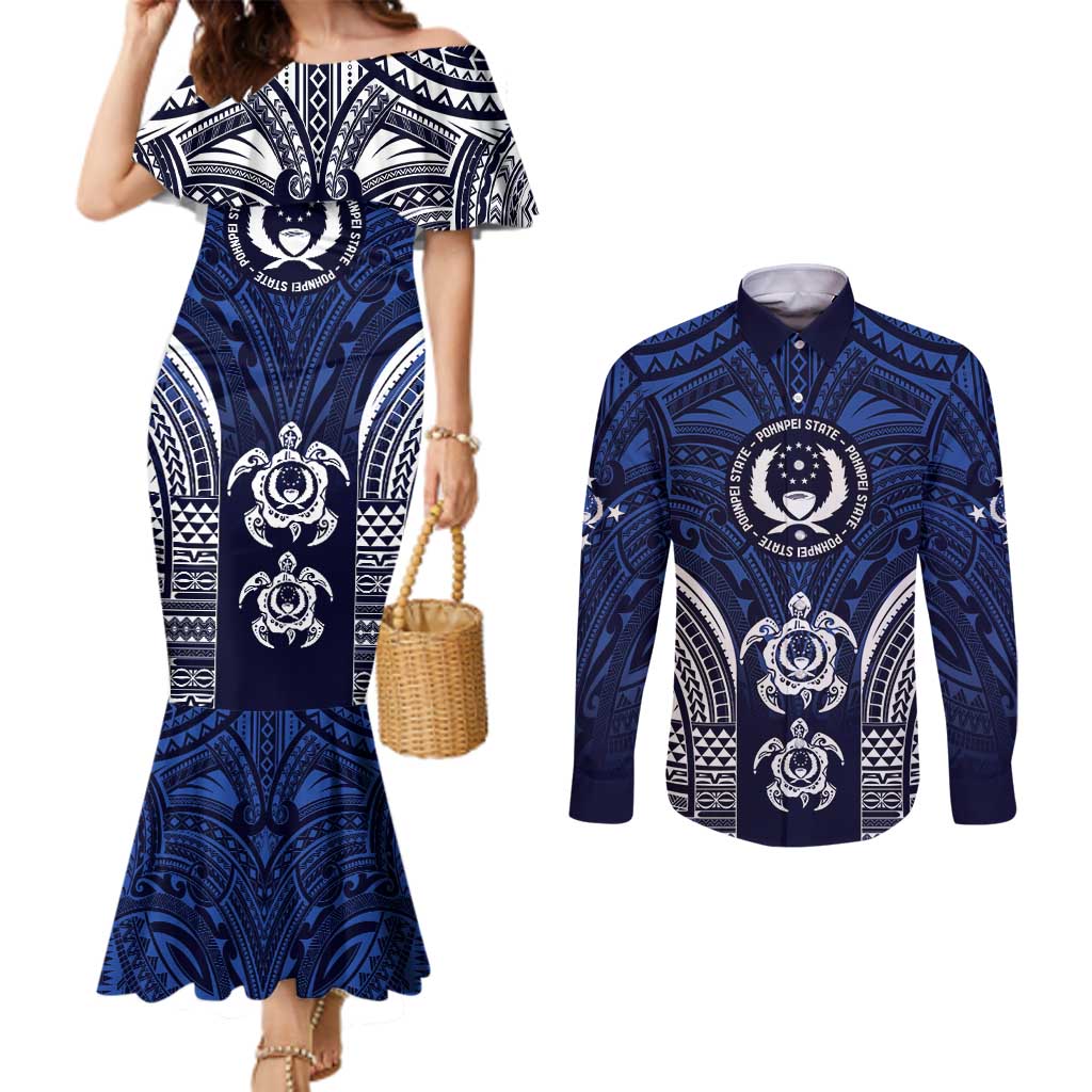 FSM Pohnpei States Couples Matching Mermaid Dress and Long Sleeve Button Shirt Micronesia Six 9 One Polynesian Tribal Pattern