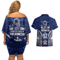 FSM Pohnpei States Couples Matching Off Shoulder Short Dress and Hawaiian Shirt Micronesia Six 9 One Polynesian Tribal Pattern