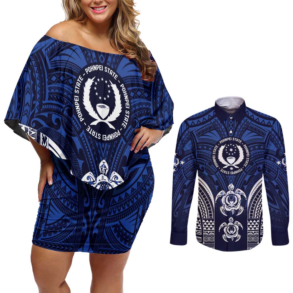 FSM Pohnpei States Couples Matching Off Shoulder Short Dress and Long Sleeve Button Shirt Micronesia Six 9 One Polynesian Tribal Pattern