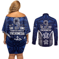 FSM Pohnpei States Couples Matching Off Shoulder Short Dress and Long Sleeve Button Shirt Micronesia Six 9 One Polynesian Tribal Pattern