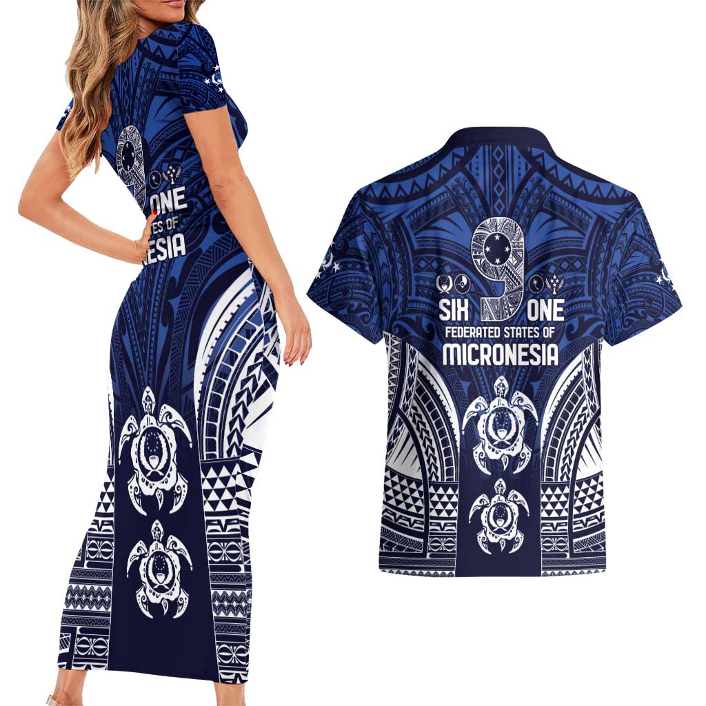 FSM Pohnpei States Couples Matching Short Sleeve Bodycon Dress and Hawaiian Shirt Micronesia Six 9 One Polynesian Tribal Pattern