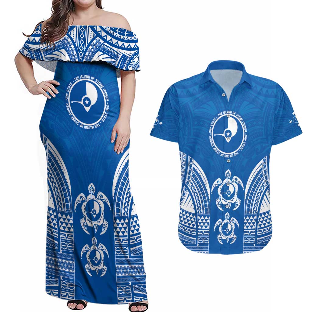 FSM Yap States Couples Matching Off Shoulder Maxi Dress and Hawaiian Shirt Micronesia Six 9 One Polynesian Tribal Pattern