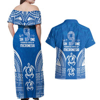 FSM Yap States Couples Matching Off Shoulder Maxi Dress and Hawaiian Shirt Micronesia Six 9 One Polynesian Tribal Pattern