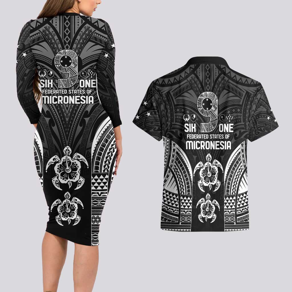 FSM Micronesia Six 9 One Couples Matching Long Sleeve Bodycon Dress and Hawaiian Shirt Polynesian Tribal Pattern